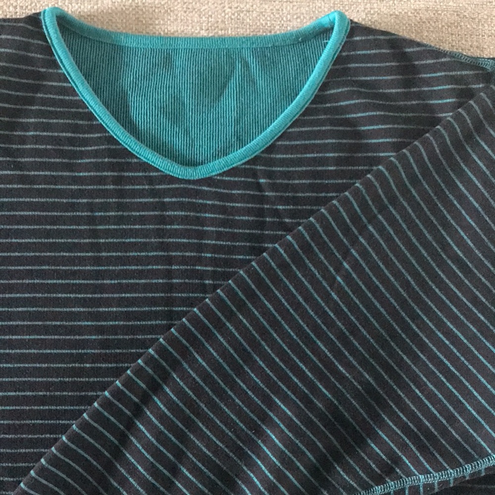 Turquoise and Black Striped Sweater, Ribbed Knit, Reverse is Solid Turquoise